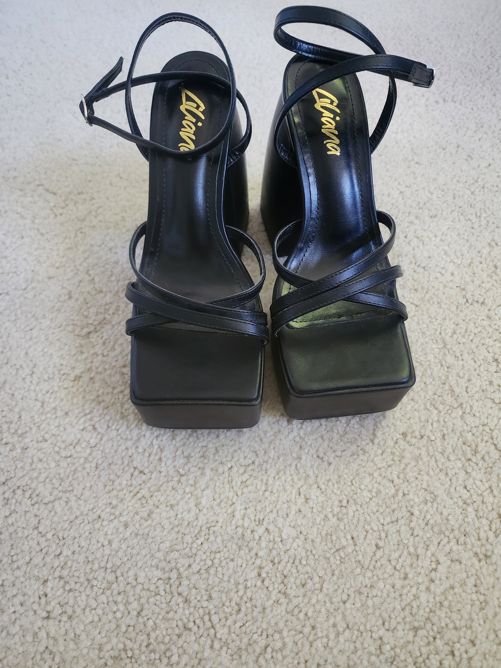 Liliana Black Strappy Square-Toe Platform Heels